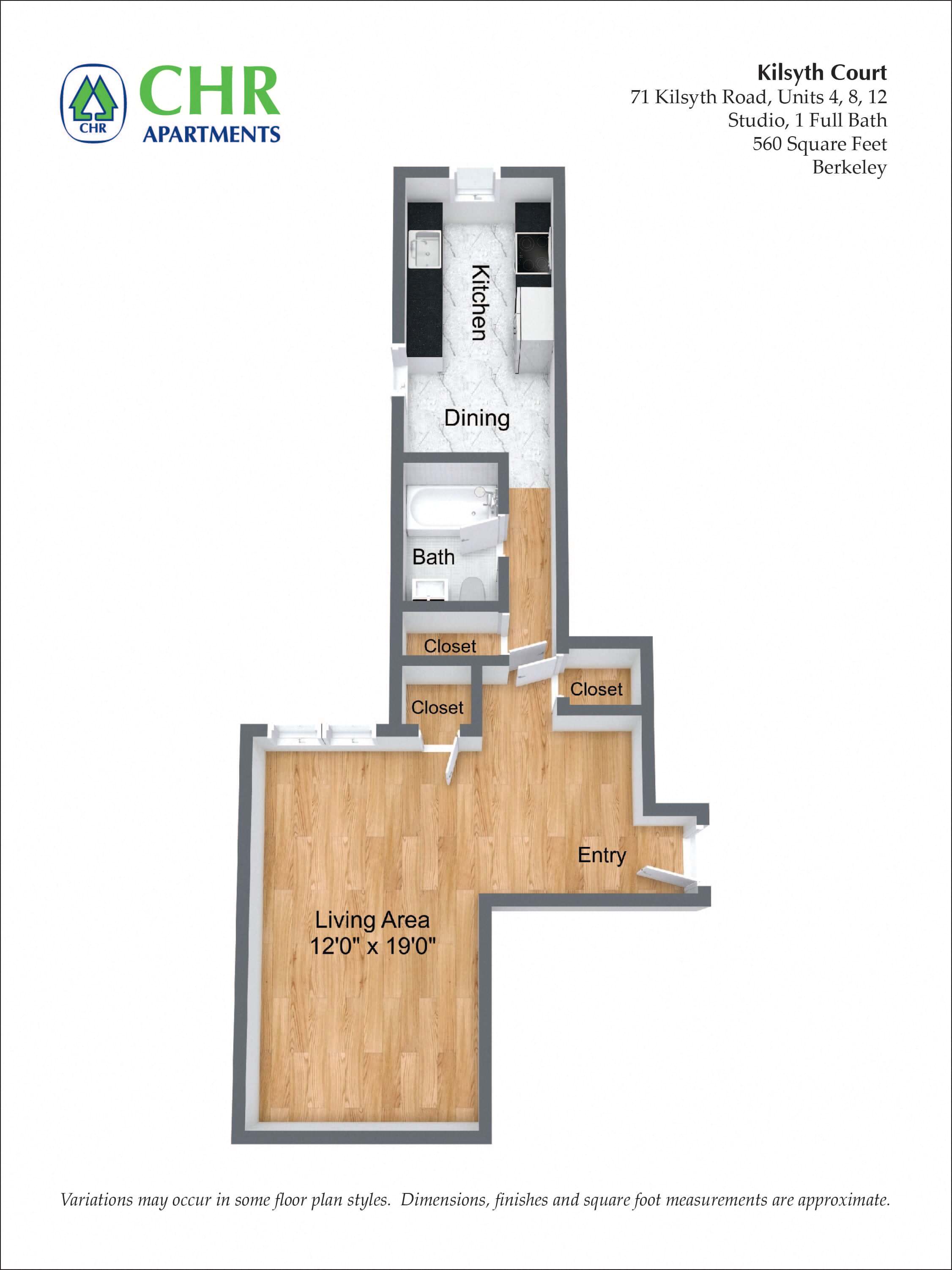 Floor plan for studio, 1 bath, 560 sqft